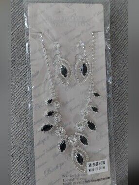 Silver-Tone Necklace and Earring Set with Black Stones -